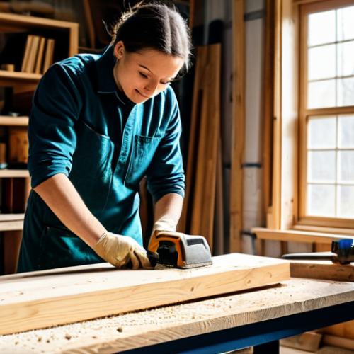 Home 11 A skilled artisan in professional, modest work attire, fully clothed, carefully sanding a piece of reclaimed wood for a DIY shelving project. The scene is a brightly lit, clean woodworking studio with various hand tools and power tools neatly organized on a workbench. Sunlight streams through a window, highlighting sawdust motes in the air. Finished and in-progress wooden home decor items are visible in the background, such as a rustic wooden wall shelf or a small carved block. safe for work, appropriate content, professional dress, perfect anatomy, correct proportions, natural pose, well-formed hands, proper finger count, natural body proportions, professional photography, high quality, realistic, natural lighting.