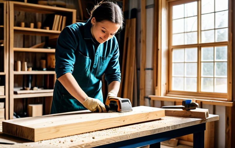 A skilled artisan in professional, modest work attire, fully clothed, carefully sanding a piece of reclaimed wood for a DIY shelving project. The scene is a brightly lit, clean woodworking studio with various hand tools and power tools neatly organized on a workbench. Sunlight streams through a window, highlighting sawdust motes in the air. Finished and in-progress wooden home decor items are visible in the background, such as a rustic wooden wall shelf or a small carved block. safe for work, appropriate content, professional dress, perfect anatomy, correct proportions, natural pose, well-formed hands, proper finger count, natural body proportions, professional photography, high quality, realistic, natural lighting.